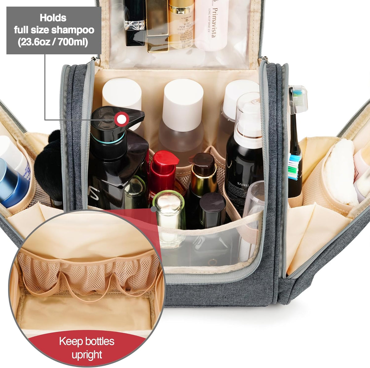 Travel Hanging Toiletry Bag for Women and Men, 6 Organizer Compartments, Holds Full Size Bottles, Extra Large Cosmetic Accessories, Makeup essentials, Bathroom Water-resistant Toiletries Bag, Black