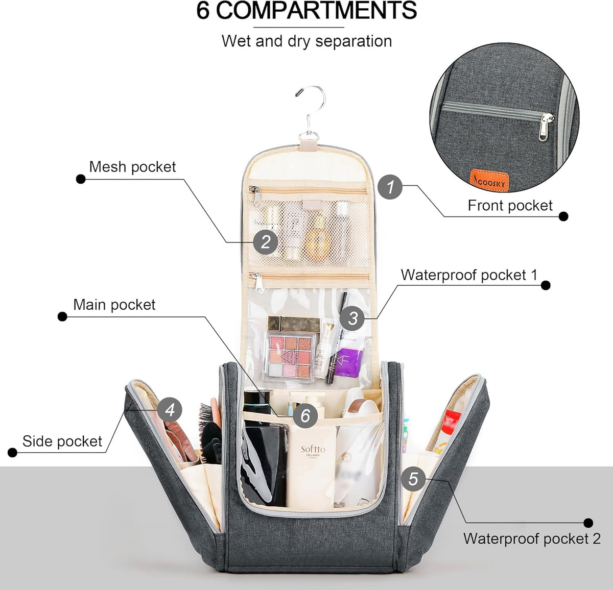 Travel Hanging Toiletry Bag for Women and Men, 6 Organizer Compartments, Holds Full Size Bottles, Extra Large Cosmetic Accessories, Makeup essentials, Bathroom Water-resistant Toiletries Bag, Black
