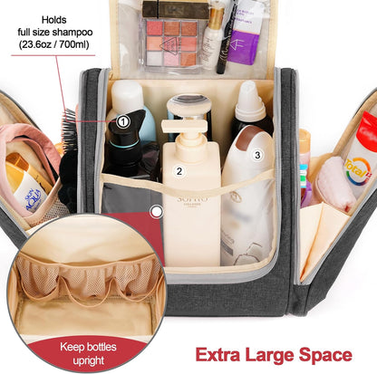 Travel Hanging Toiletry Bag for Women and Men, 6 Organizer Compartments, Holds Full Size Bottles, Extra Large Cosmetic Accessories, Makeup essentials, Bathroom Water-resistant Toiletries Bag, Black