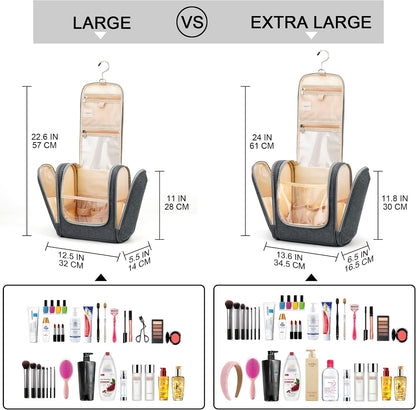 Travel Hanging Toiletry Bag for Women and Men, 6 Organizer Compartments, Holds Full Size Bottles, Extra Large Cosmetic Accessories, Makeup essentials, Bathroom Water-resistant Toiletries Bag, Black