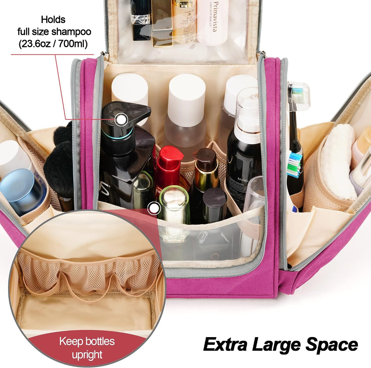 Travel Hanging Toiletry Bag for Women and Men, 6 Organizer Compartments, Holds Full Size Bottles, Extra Large Cosmetic Accessories, Makeup essentials, Bathroom Water-resistant Toiletries Bag, Black