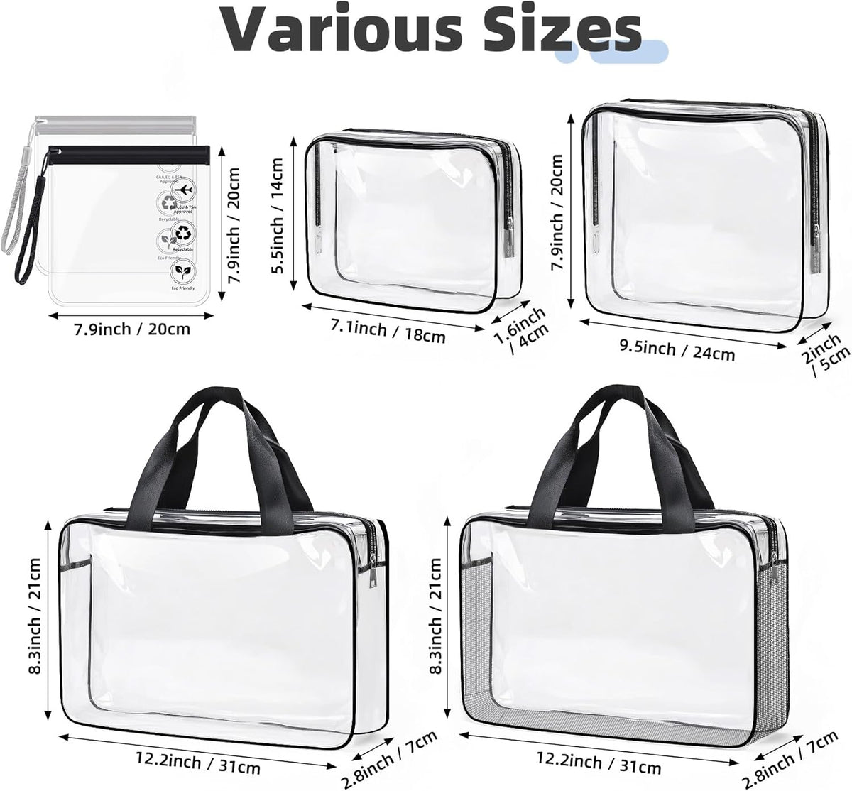Clear Toiletry Bag for Travel Size Toiletries, 4 Pack Large Waterproof PVC Makeup Bags with 2 Pack Airport Security Liquids Bags, Travel Essentials toiletry Bottles for Women Girls Men