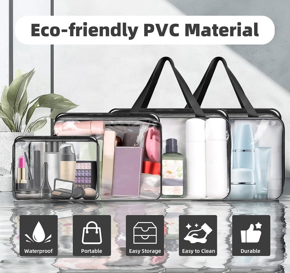 Clear Toiletry Bag for Travel Size Toiletries, 4 Pack Large Waterproof PVC Makeup Bags with 2 Pack Airport Security Liquids Bags, Travel Essentials toiletry Bottles for Women Girls Men