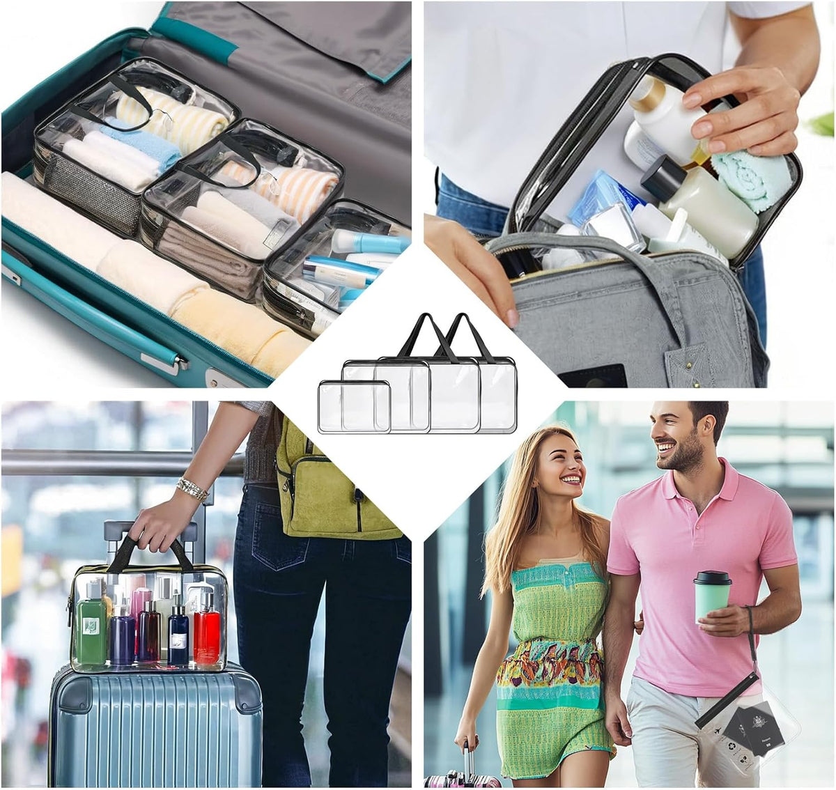 Clear Toiletry Bag for Travel Size Toiletries, 4 Pack Large Waterproof PVC Makeup Bags with 2 Pack Airport Security Liquids Bags, Travel Essentials toiletry Bottles for Women Girls Men