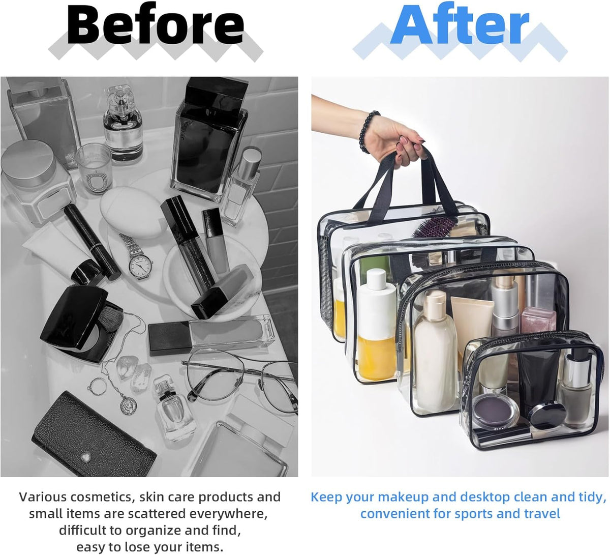 Clear Toiletry Bag for Travel Size Toiletries, 4 Pack Large Waterproof PVC Makeup Bags with 2 Pack Airport Security Liquids Bags, Travel Essentials toiletry Bottles for Women Girls Men