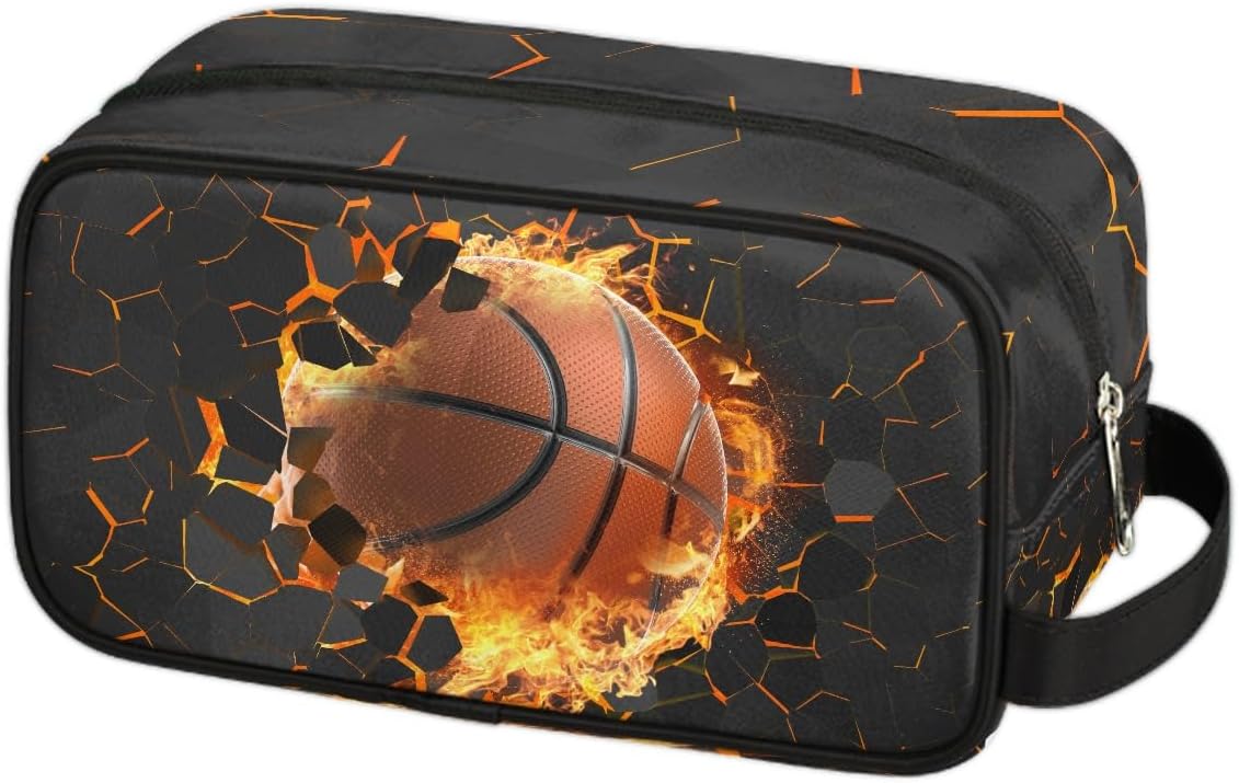 Travel Toiletry Bag for Boys Kids - Yellow Basketball Waterproof Hanging Cosmetic Hygiene Bags Lightweight Large Shave Kit for Toiletries Accessories Bathroom Stuff, Gifts for Men