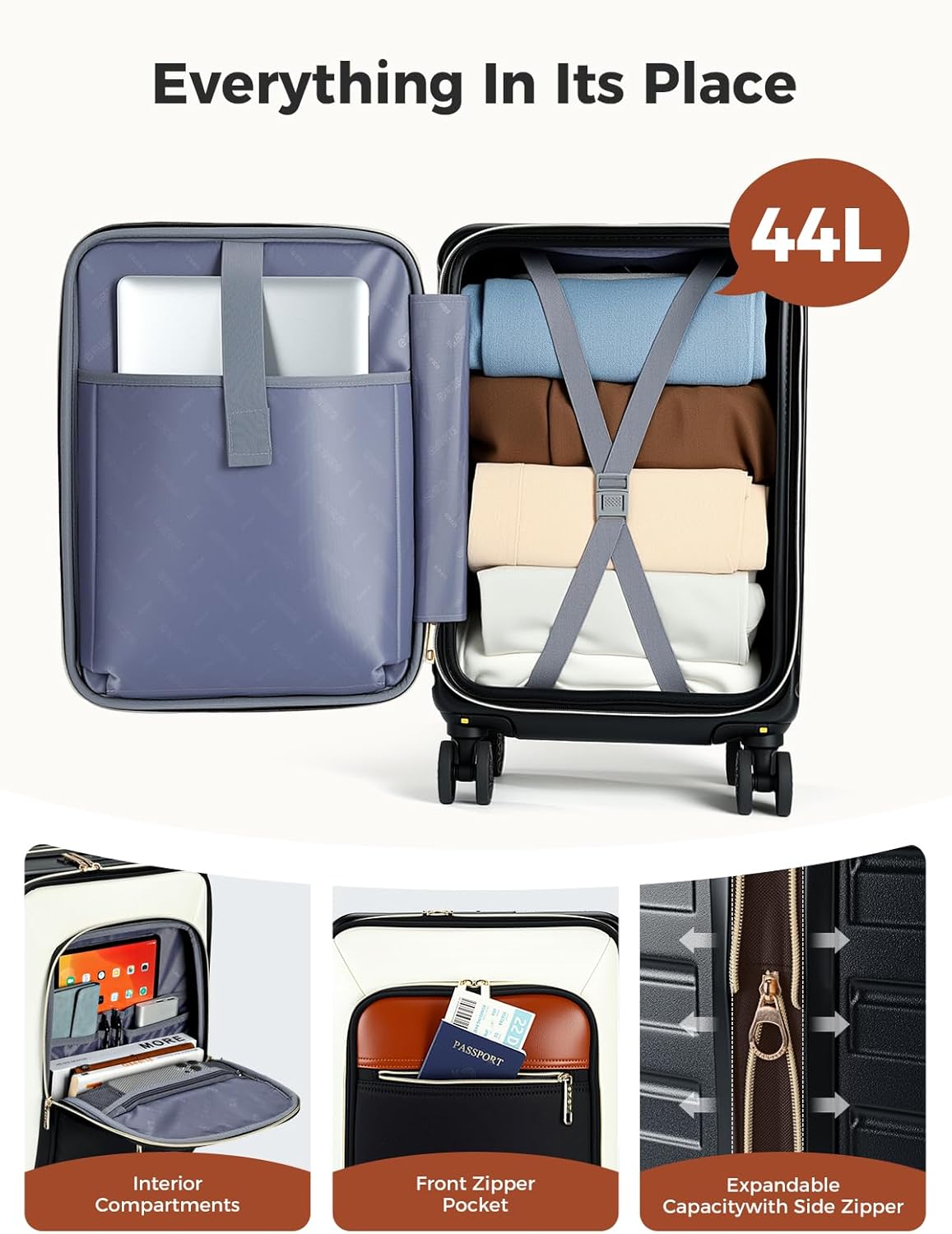 20 Inch Carry on Luggage Airline Approved 22x14x9 for Women Men | Expandable Hardside Suitcase, Detachable Spinner Wheels, Front Business Pockets Carry on Suitcase for Women Men with TSA Lock