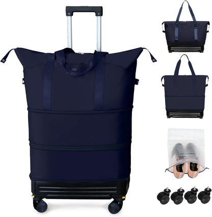 Rolling Duffel Bag with Detachable Wheels & Handle,Expandable Foldable Travel Duffle Bag,Carry on Luggage Large Tote Bag for Gym Overnight Weenkend Trip(Navy Blue)