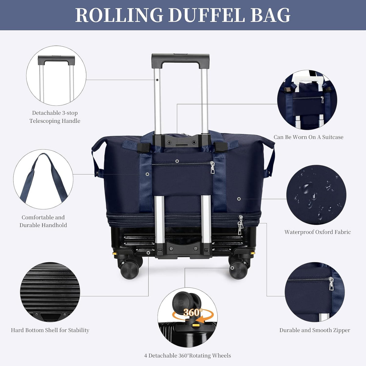 Rolling Duffel Bag with Detachable Wheels & Handle,Expandable Foldable Travel Duffle Bag,Carry on Luggage Large Tote Bag for Gym Overnight Weenkend Trip(Navy Blue)