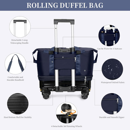 Rolling Duffel Bag with Detachable Wheels & Handle,Expandable Foldable Travel Duffle Bag,Carry on Luggage Large Tote Bag for Gym Overnight Weenkend Trip(Navy Blue)