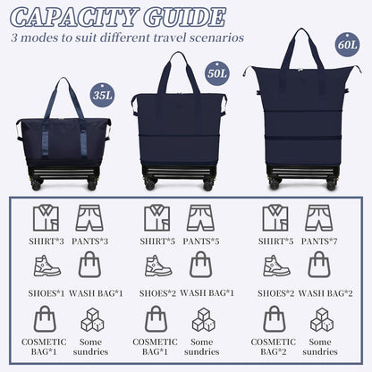 Rolling Duffel Bag with Detachable Wheels & Handle,Expandable Foldable Travel Duffle Bag,Carry on Luggage Large Tote Bag for Gym Overnight Weenkend Trip(Navy Blue)