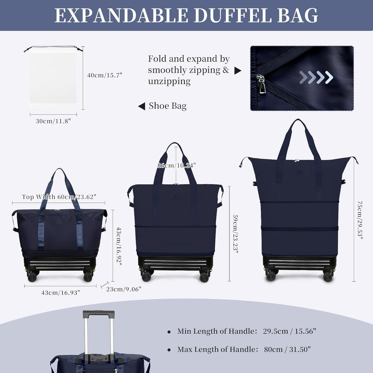 Rolling Duffel Bag with Detachable Wheels & Handle,Expandable Foldable Travel Duffle Bag,Carry on Luggage Large Tote Bag for Gym Overnight Weenkend Trip(Navy Blue)