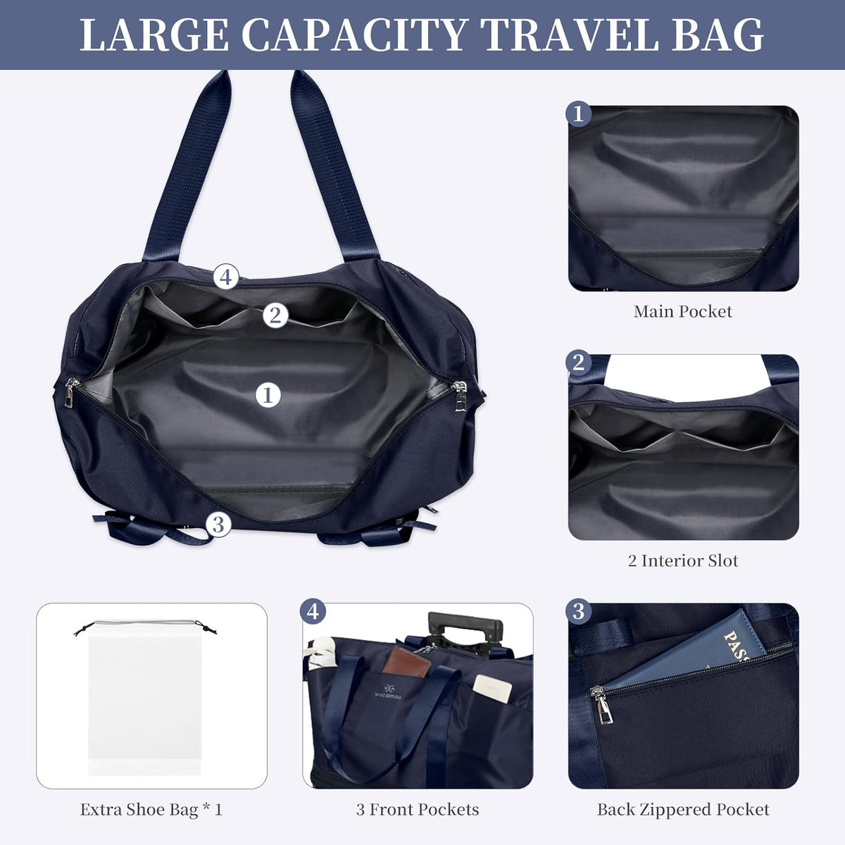 Rolling Duffel Bag with Detachable Wheels & Handle,Expandable Foldable Travel Duffle Bag,Carry on Luggage Large Tote Bag for Gym Overnight Weenkend Trip(Navy Blue)