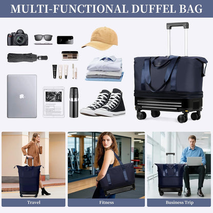 Rolling Duffel Bag with Detachable Wheels & Handle,Expandable Foldable Travel Duffle Bag,Carry on Luggage Large Tote Bag for Gym Overnight Weenkend Trip(Navy Blue)