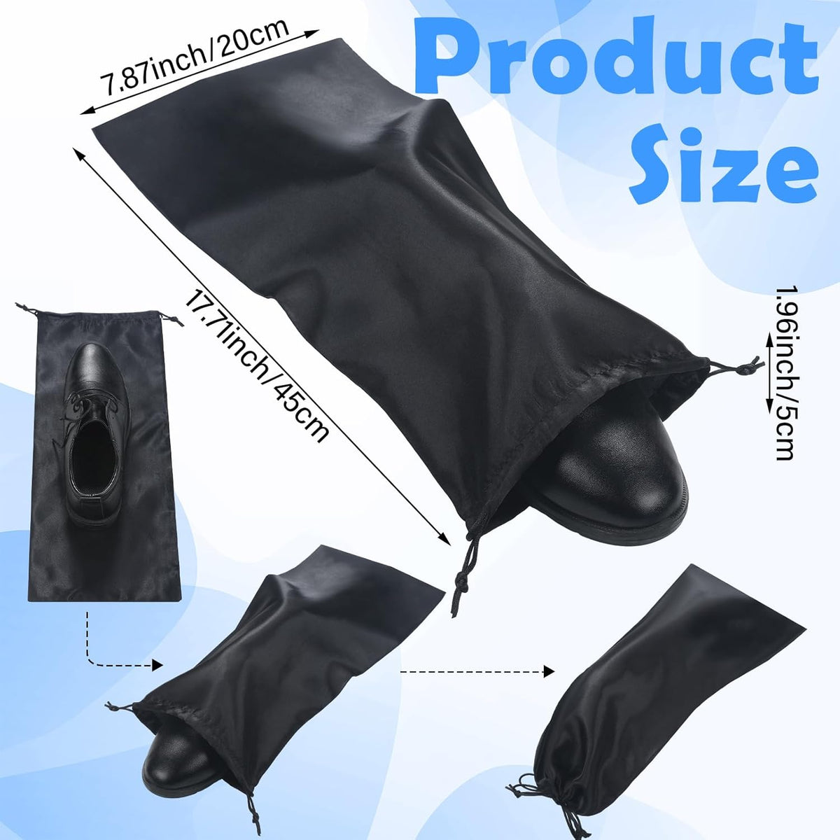 20 Pcs Shoe Bags for Travel 17.7 x 7.9 Inch Satin Shoe Bag with Drawstring for Packing in Suitcase Protecting Single Pouch Travel Dust Bags Storage Men Women, Black, Grey
