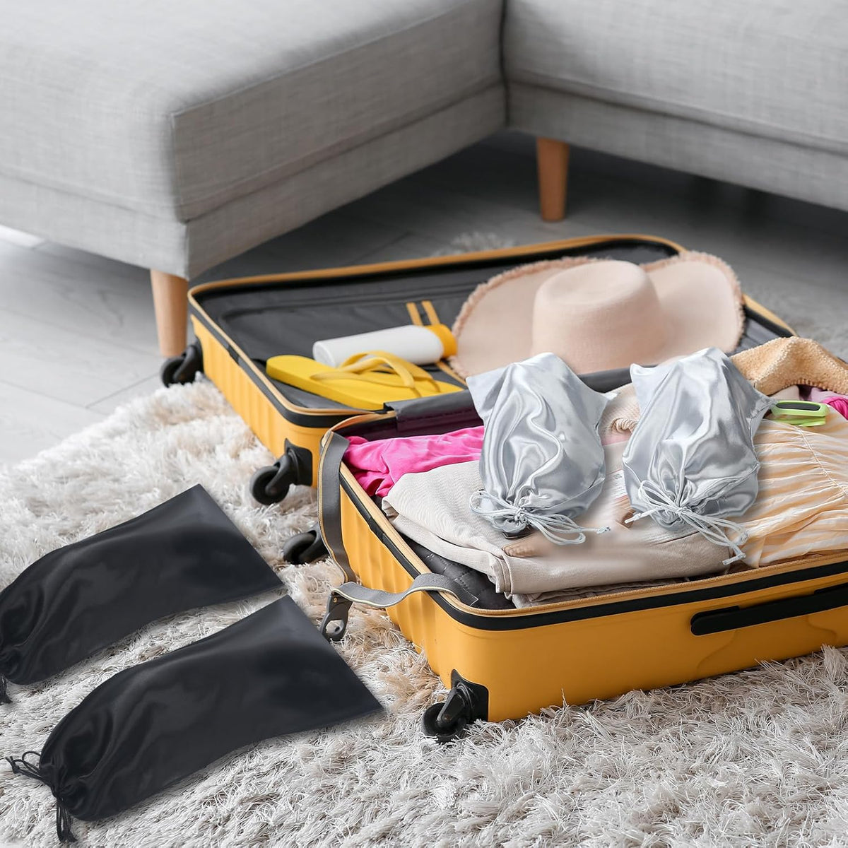 20 Pcs Shoe Bags for Travel 17.7 x 7.9 Inch Satin Shoe Bag with Drawstring for Packing in Suitcase Protecting Single Pouch Travel Dust Bags Storage Men Women, Black, Grey