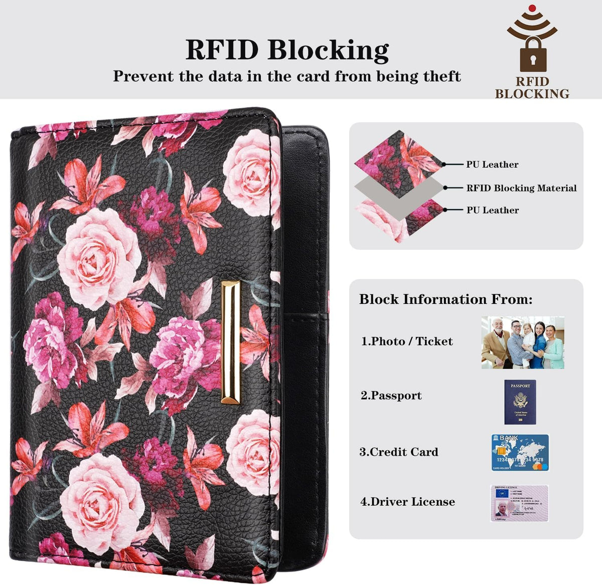 Passport Cover Holder,Travel Wallet Credit Card Holder RFID Blocking Passport Wallets for Women and Men with Photo Slot, Gold Pink Marble