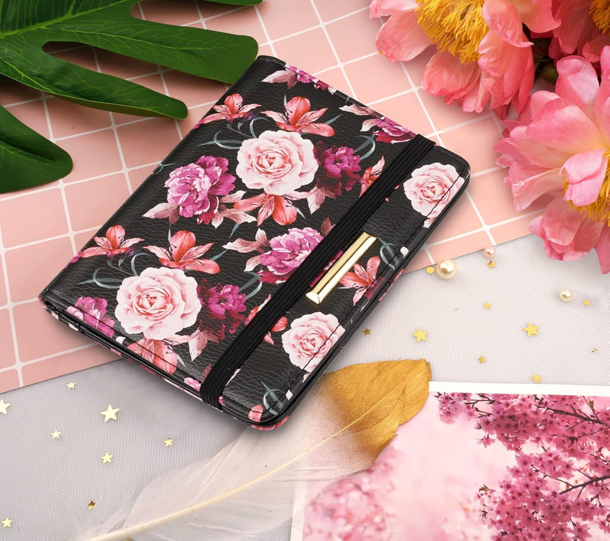 Passport Cover Holder,Travel Wallet Credit Card Holder RFID Blocking Passport Wallets for Women and Men with Photo Slot, Gold Pink Marble