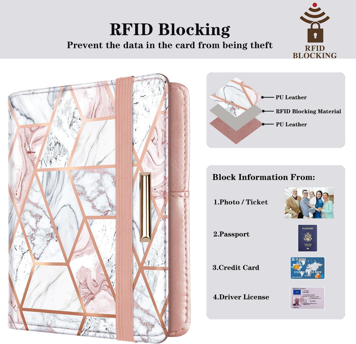 Passport Cover Holder,Travel Wallet Credit Card Holder RFID Blocking Passport Wallets for Women and Men with Photo Slot, Gold Pink Marble