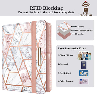 Passport Cover Holder,Travel Wallet Credit Card Holder RFID Blocking Passport Wallets for Women and Men with Photo Slot, Gold Pink Marble