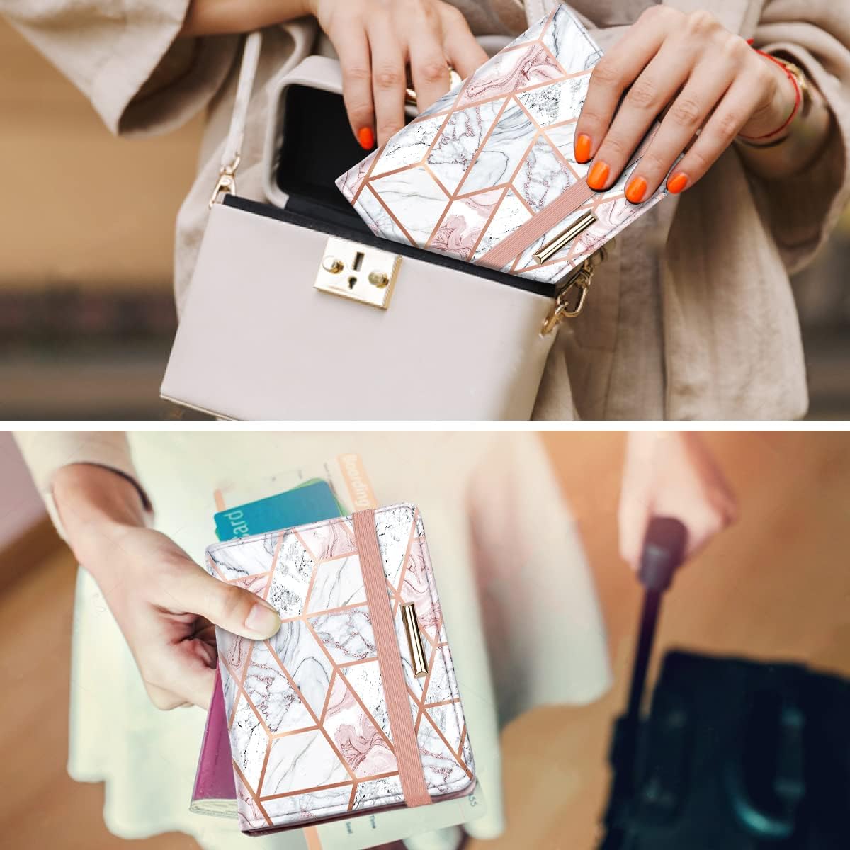 Passport Cover Holder,Travel Wallet Credit Card Holder RFID Blocking Passport Wallets for Women and Men with Photo Slot, Gold Pink Marble