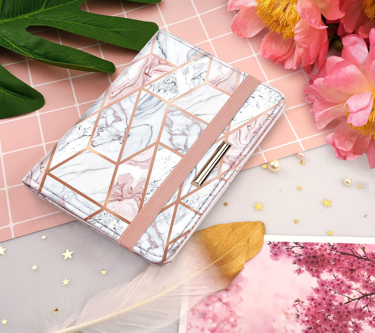Passport Cover Holder,Travel Wallet Credit Card Holder RFID Blocking Passport Wallets for Women and Men with Photo Slot, Gold Pink Marble