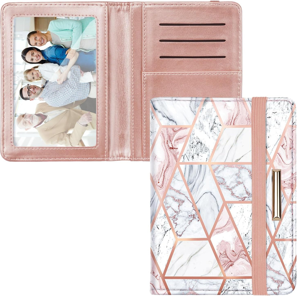 Passport Cover Holder,Travel Wallet Credit Card Holder RFID Blocking Passport Wallets for Women and Men with Photo Slot, Gold Pink Marble