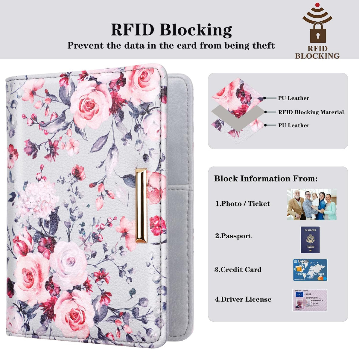 Passport Cover Holder,Travel Wallet Credit Card Holder RFID Blocking Passport Wallets for Women and Men with Photo Slot, Gold Pink Marble