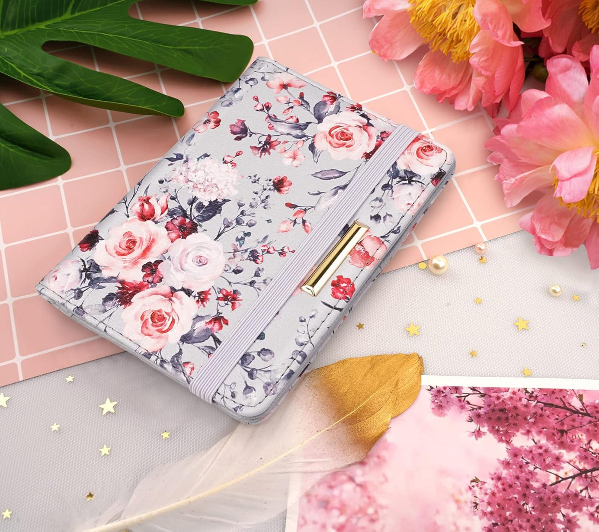 Passport Cover Holder,Travel Wallet Credit Card Holder RFID Blocking Passport Wallets for Women and Men with Photo Slot, Gold Pink Marble