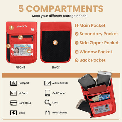 Passport Holder for Travel, RFID Passport Wallet with Visual Window Design, Multifunctional Document Organizer, Waterproof Travel Pouch Neck Wallet for Men and Women, Red