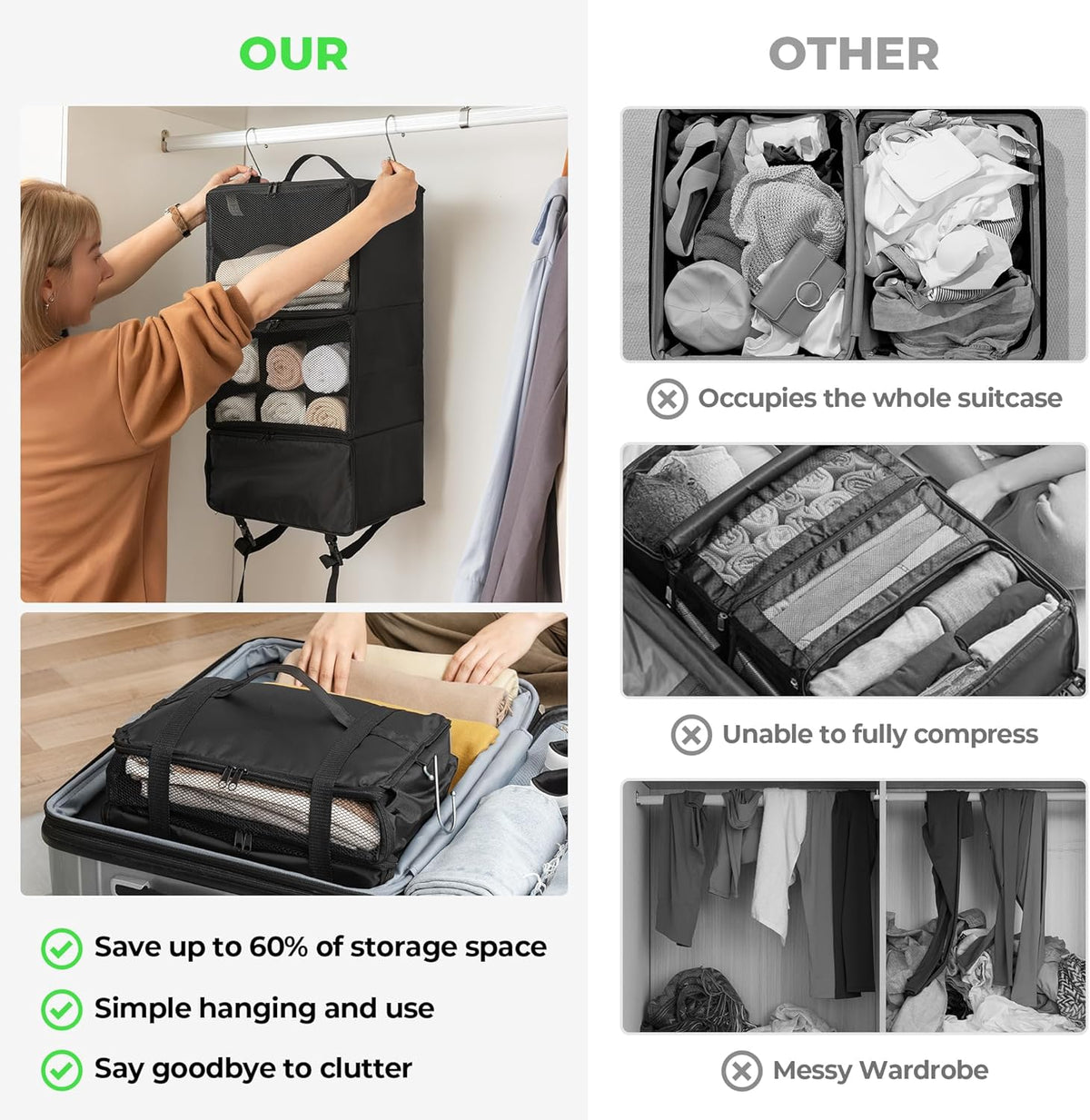 Hanging Packing Cubes for Travel, Large Portable Hanging Suitcase Organizer, Foldable Compression Luggage Organizer Bags for Clothes, Carry on Closet Suitcase, XL-Blue Travel Shelves
