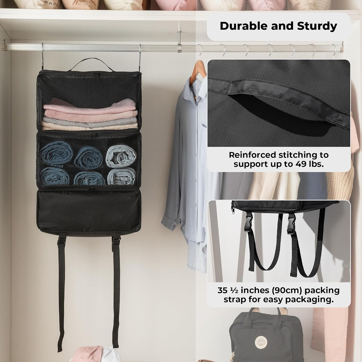 Hanging Packing Cubes for Travel, Large Portable Hanging Suitcase Organizer, Foldable Compression Luggage Organizer Bags for Clothes, Carry on Closet Suitcase, XL-Blue Travel Shelves