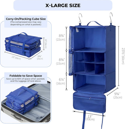 Hanging Packing Cubes for Travel, Large Portable Hanging Suitcase Organizer, Foldable Compression Luggage Organizer Bags for Clothes, Carry on Closet Suitcase, XL-Blue Travel Shelves