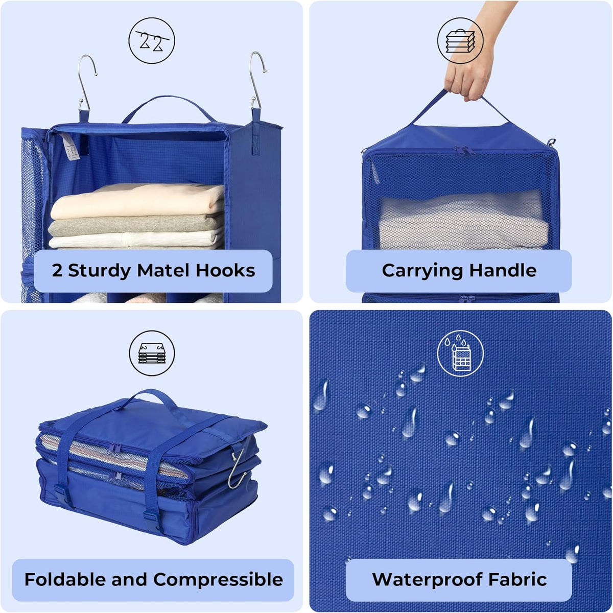 Hanging Packing Cubes for Travel, Large Portable Hanging Suitcase Organizer, Foldable Compression Luggage Organizer Bags for Clothes, Carry on Closet Suitcase, XL-Blue Travel Shelves