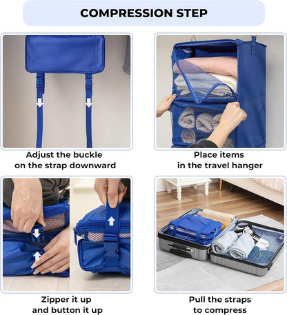 Hanging Packing Cubes for Travel, Large Portable Hanging Suitcase Organizer, Foldable Compression Luggage Organizer Bags for Clothes, Carry on Closet Suitcase, XL-Blue Travel Shelves
