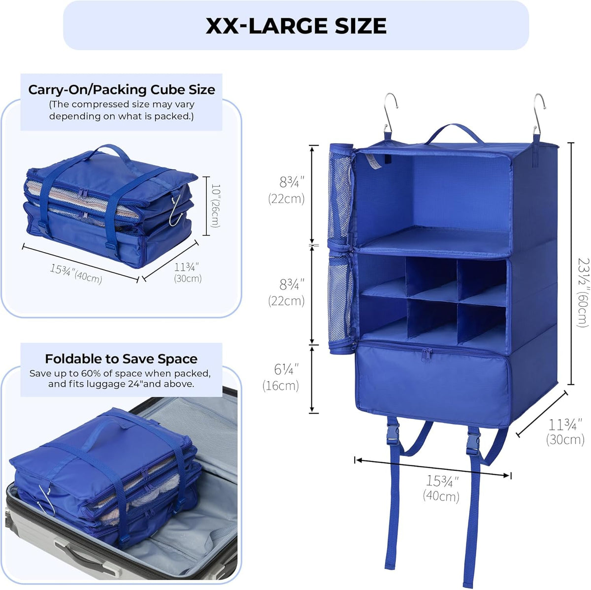 Hanging Packing Cubes for Travel, Large Portable Hanging Suitcase Organizer, Foldable Compression Luggage Organizer Bags for Clothes, Carry on Closet Suitcase, XL-Blue Travel Shelves