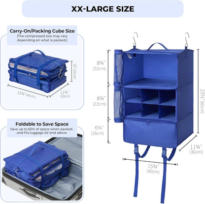 Hanging Packing Cubes for Travel, Large Portable Hanging Suitcase Organizer, Foldable Compression Luggage Organizer Bags for Clothes, Carry on Closet Suitcase, XL-Blue Travel Shelves