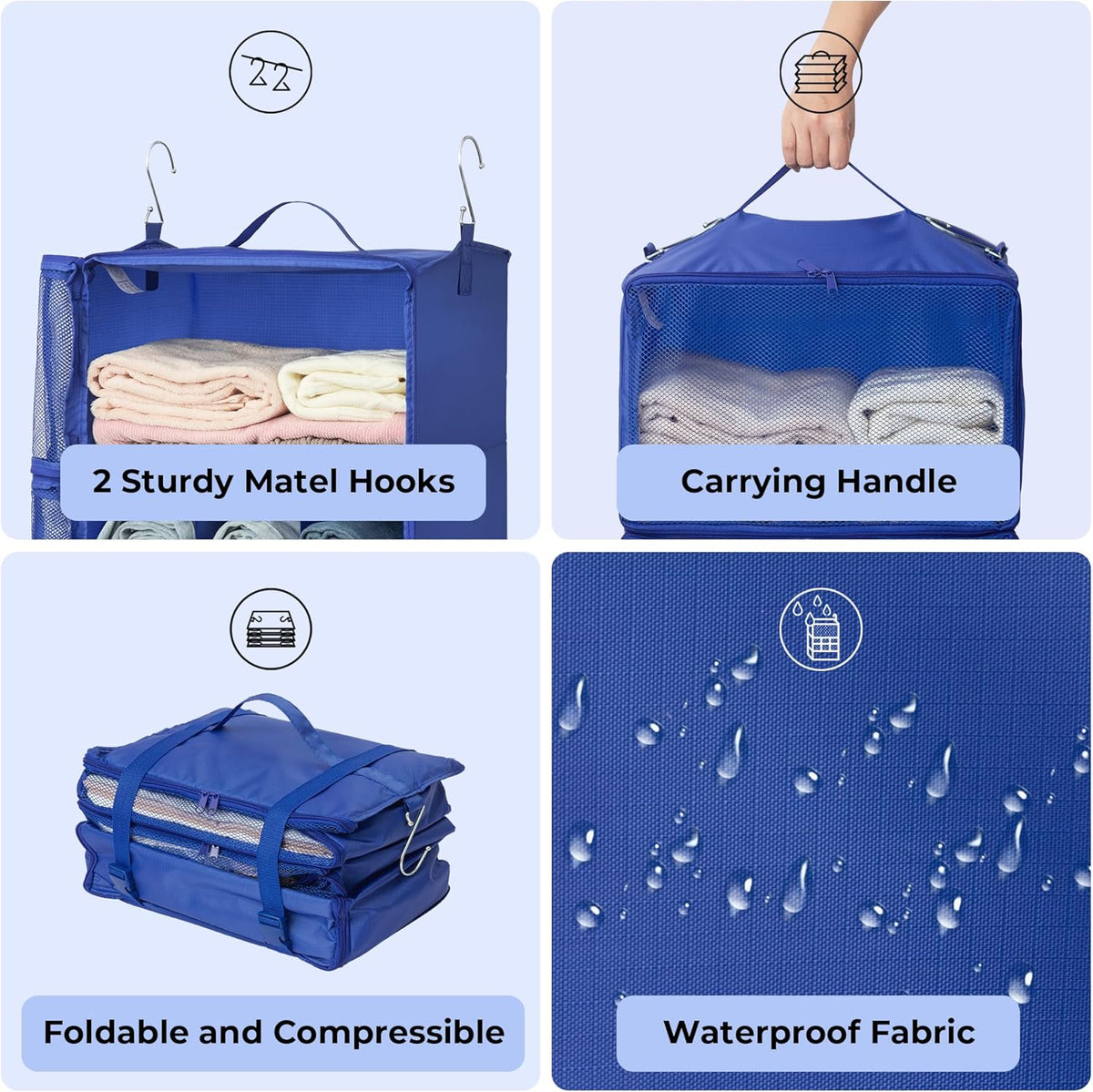 Hanging Packing Cubes for Travel, Large Portable Hanging Suitcase Organizer, Foldable Compression Luggage Organizer Bags for Clothes, Carry on Closet Suitcase, XL-Blue Travel Shelves