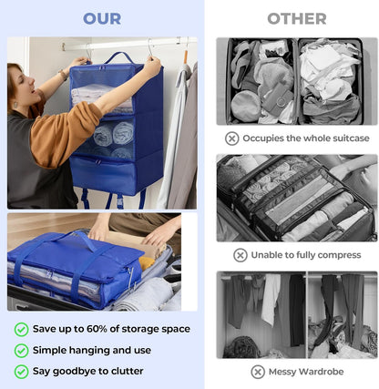 Hanging Packing Cubes for Travel, Large Portable Hanging Suitcase Organizer, Foldable Compression Luggage Organizer Bags for Clothes, Carry on Closet Suitcase, XL-Blue Travel Shelves