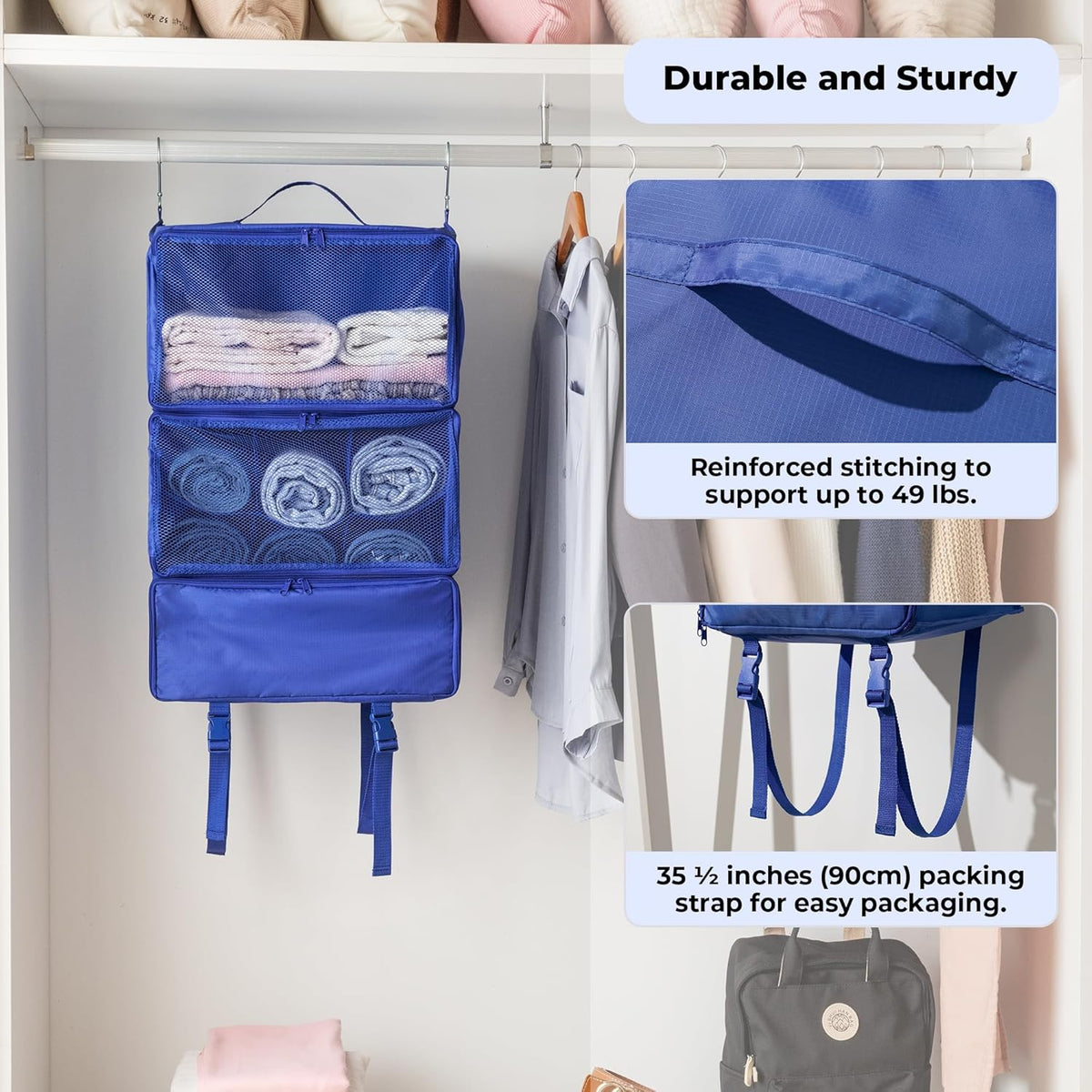 Hanging Packing Cubes for Travel, Large Portable Hanging Suitcase Organizer, Foldable Compression Luggage Organizer Bags for Clothes, Carry on Closet Suitcase, XL-Blue Travel Shelves
