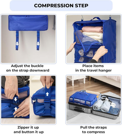 Hanging Packing Cubes for Travel, Large Portable Hanging Suitcase Organizer, Foldable Compression Luggage Organizer Bags for Clothes, Carry on Closet Suitcase, XL-Blue Travel Shelves