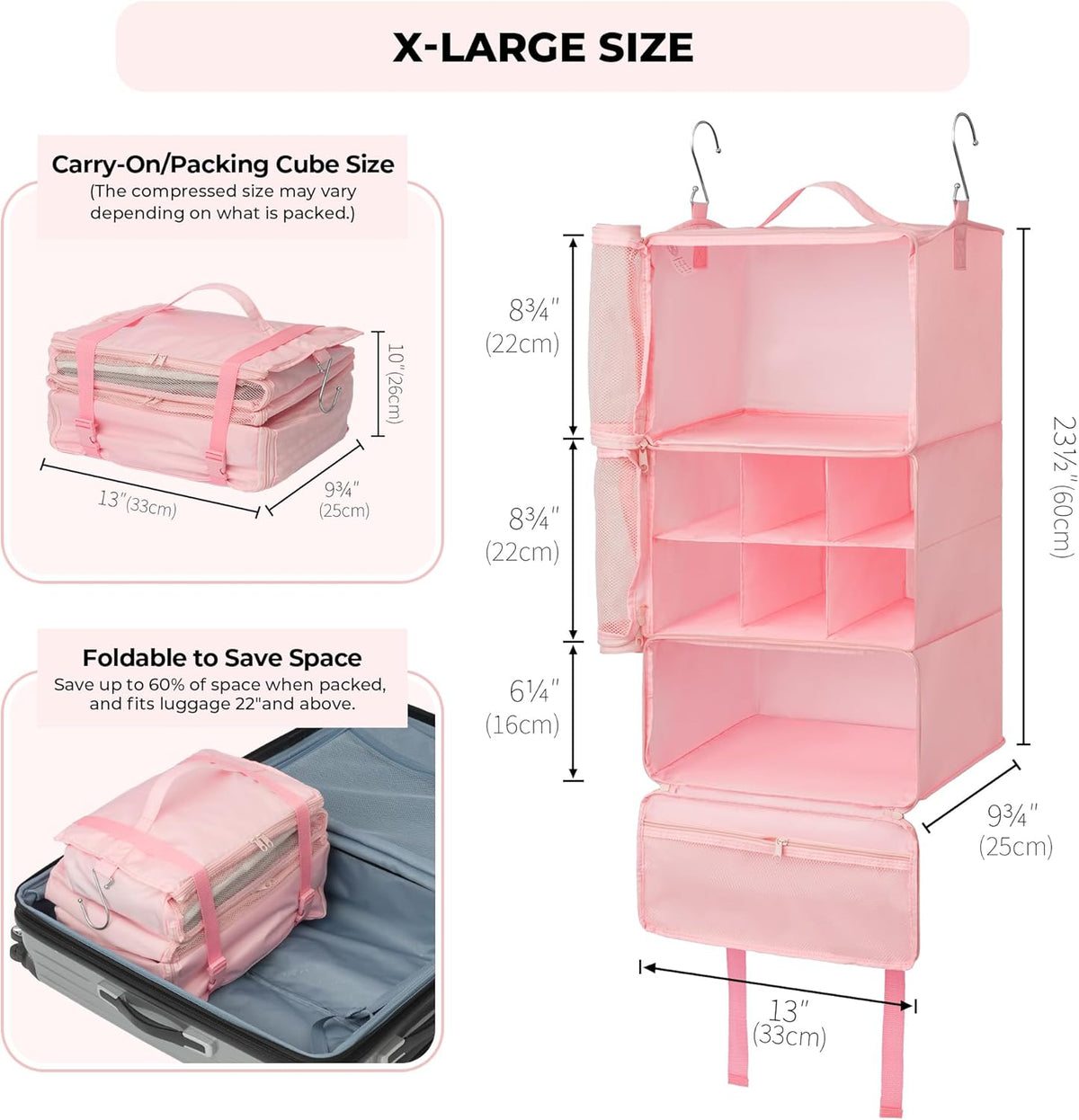 Hanging Packing Cubes for Travel, Large Portable Hanging Suitcase Organizer, Foldable Compression Luggage Organizer Bags for Clothes, Carry on Closet Suitcase, XL-Blue Travel Shelves