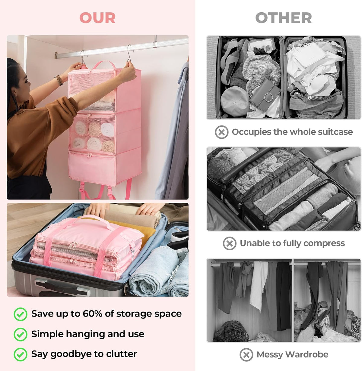 Hanging Packing Cubes for Travel, Large Portable Hanging Suitcase Organizer, Foldable Compression Luggage Organizer Bags for Clothes, Carry on Closet Suitcase, XL-Blue Travel Shelves