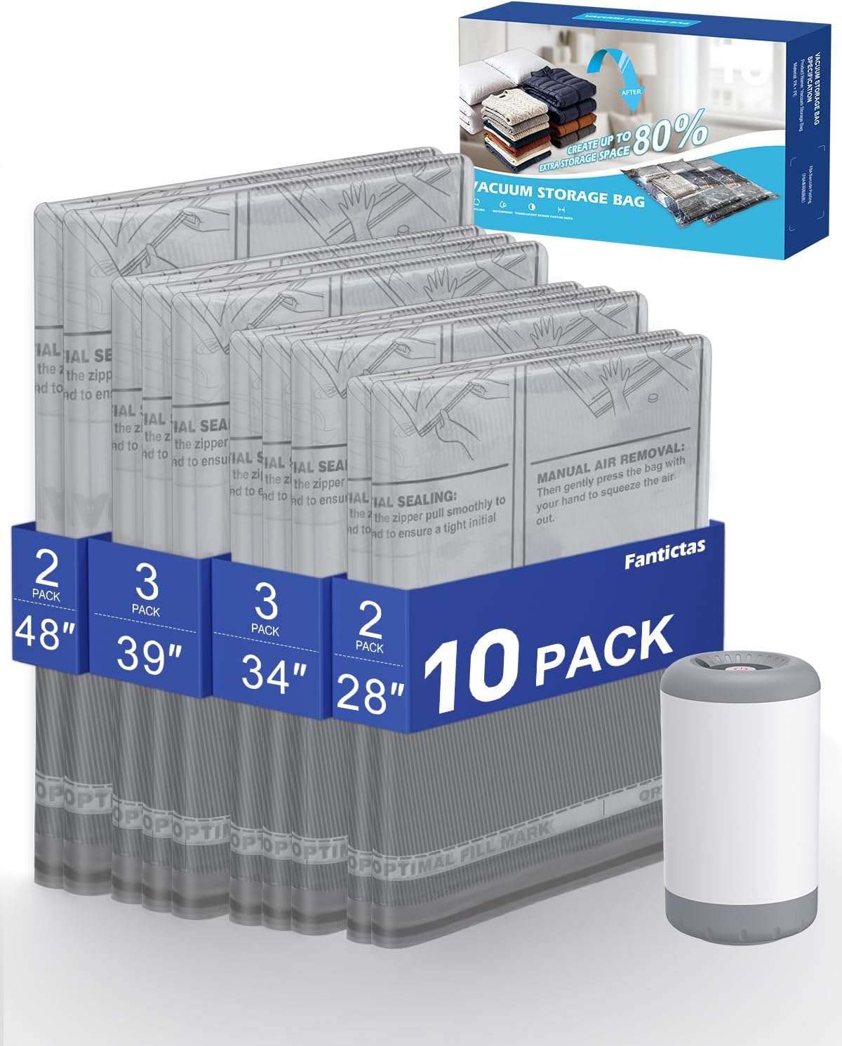 Vacuum Storage Bags, 10 Small Space Saver Bags with Hand Pump 80% Space Saver Vacuum Seal Bags Vacuum Seal Compression Bags for Clothes, Travel Luggage, Closet, Dorm, Moving