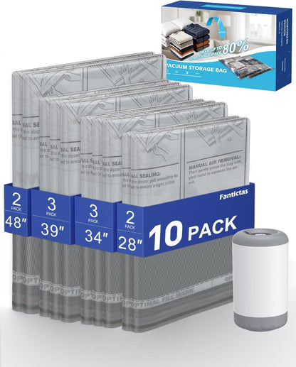 Vacuum Storage Bags, 10 Small Space Saver Bags with Hand Pump 80% Space Saver Vacuum Seal Bags Vacuum Seal Compression Bags for Clothes, Travel Luggage, Closet, Dorm, Moving