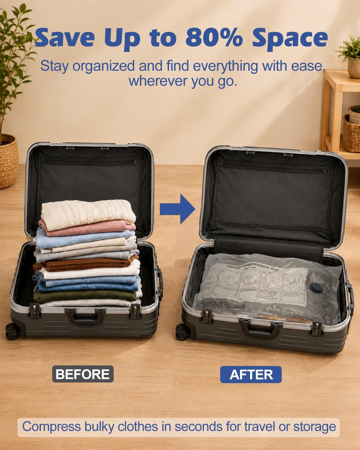 Vacuum Storage Bags, 10 Small Space Saver Bags with Hand Pump 80% Space Saver Vacuum Seal Bags Vacuum Seal Compression Bags for Clothes, Travel Luggage, Closet, Dorm, Moving