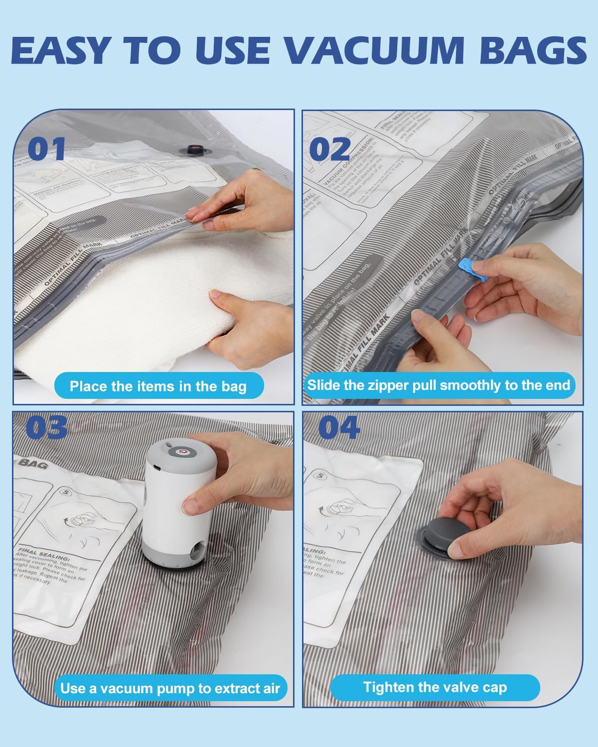Vacuum Storage Bags, 10 Small Space Saver Bags with Hand Pump 80% Space Saver Vacuum Seal Bags Vacuum Seal Compression Bags for Clothes, Travel Luggage, Closet, Dorm, Moving