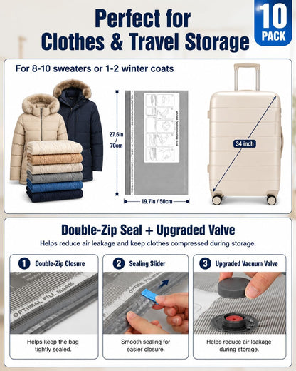 Vacuum Storage Bags, 10 Small Space Saver Bags with Hand Pump 80% Space Saver Vacuum Seal Bags Vacuum Seal Compression Bags for Clothes, Travel Luggage, Closet, Dorm, Moving