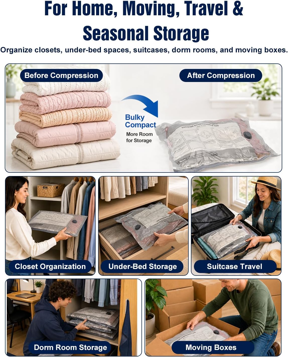 Vacuum Storage Bags, 10 Small Space Saver Bags with Hand Pump 80% Space Saver Vacuum Seal Bags Vacuum Seal Compression Bags for Clothes, Travel Luggage, Closet, Dorm, Moving
