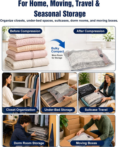 Vacuum Storage Bags, 10 Small Space Saver Bags with Hand Pump 80% Space Saver Vacuum Seal Bags Vacuum Seal Compression Bags for Clothes, Travel Luggage, Closet, Dorm, Moving